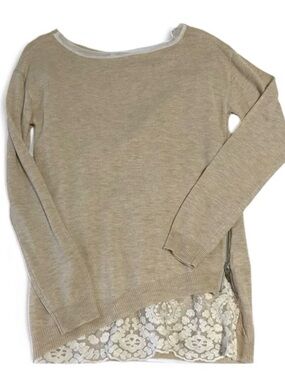 RD Style Lace Layered Hem Side Zip Sweater Beige Small